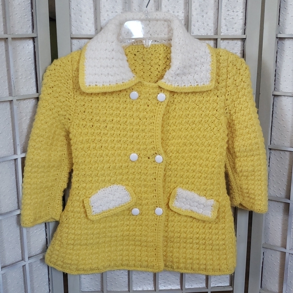 Vintage handmade crochet yellow button down girls coat